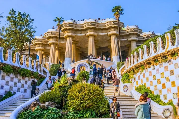 Park Güell with colorful mosaics and Barcelona city views