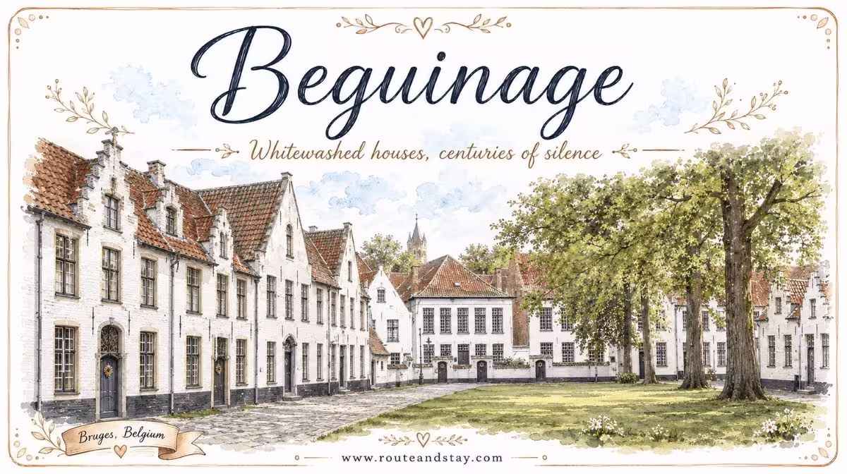 Whitewashed houses around the courtyard garden of the Beguinage in Bruges, Belgium