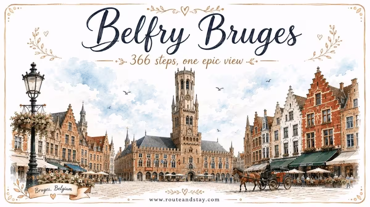 The Belfry of Bruges rising above the Markt square, Belgium