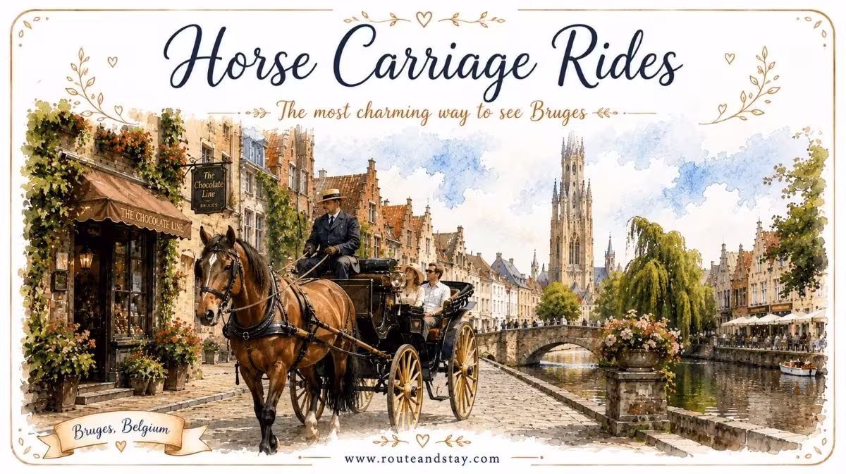 A horse-drawn carriage crossing a cobbled bridge in Bruges, Belgium