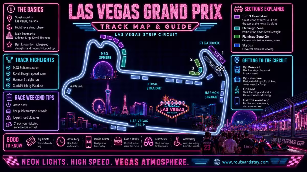 Las Vegas Grand Prix track map and guide infographic showing circuit sections, viewing zones, and getting to the circuit