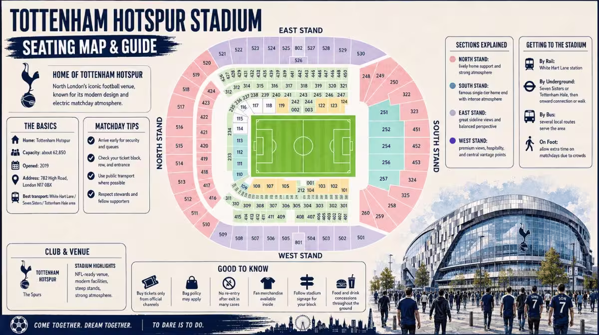 Tottenham Hotspur Stadium seating plan and sector guide showing South Stand, North Stand, East Stand and West Stand