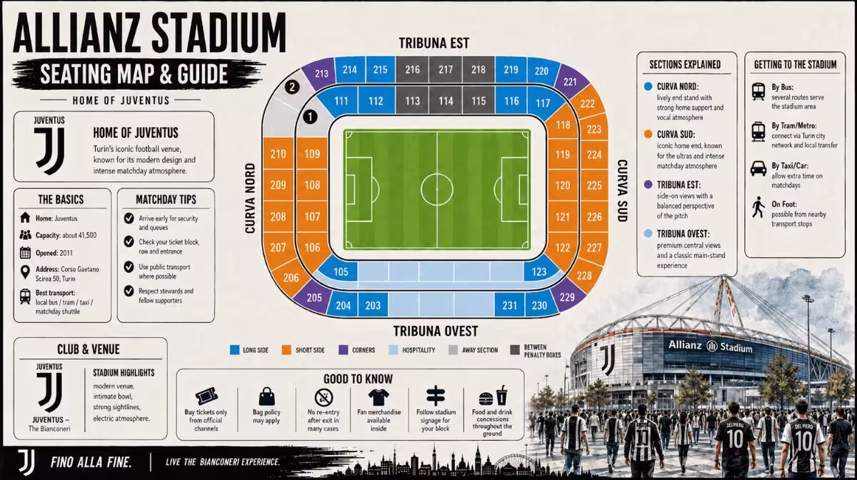 Allianz Stadium Turin seating plan and sector guide showing Curva Sud, Curva Nord, Tribuna Est and Tribuna Ovest