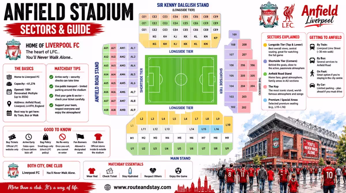 Anfield seating plan and sector guide showing the Kop, Main Stand, Sir Kenny Dalglish Stand and Anfield Road Stand