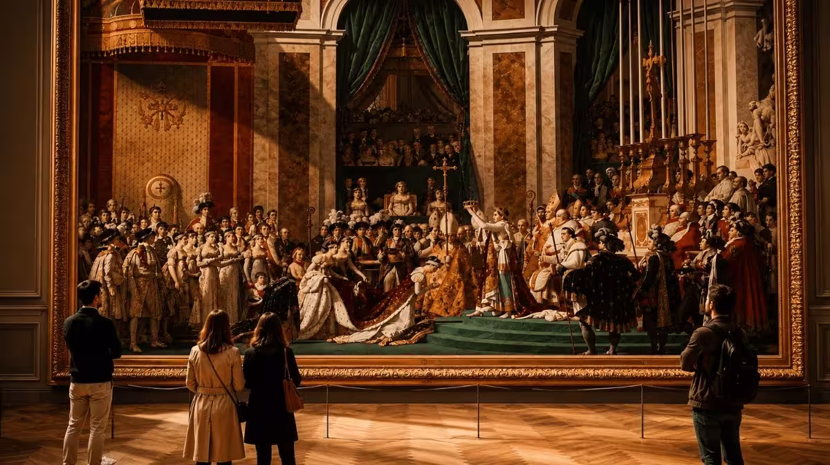 Small group tour visitors viewing the Coronation of Napoleon painting