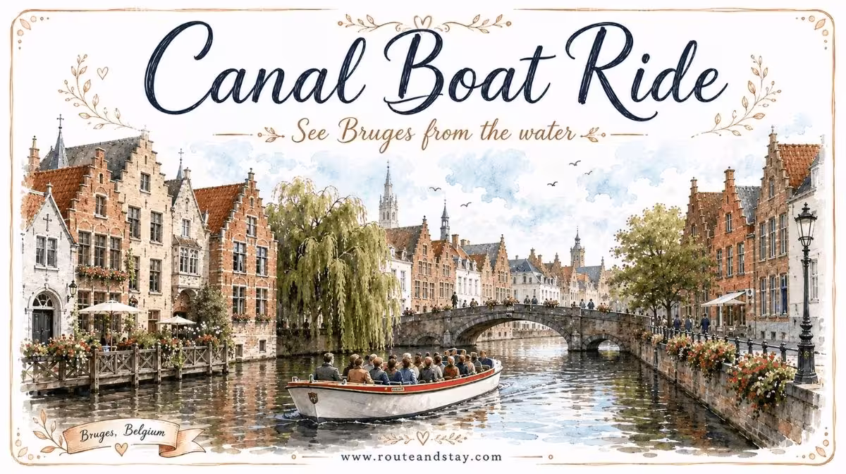 An open canal boat gliding under a stone bridge in Bruges, Belgium