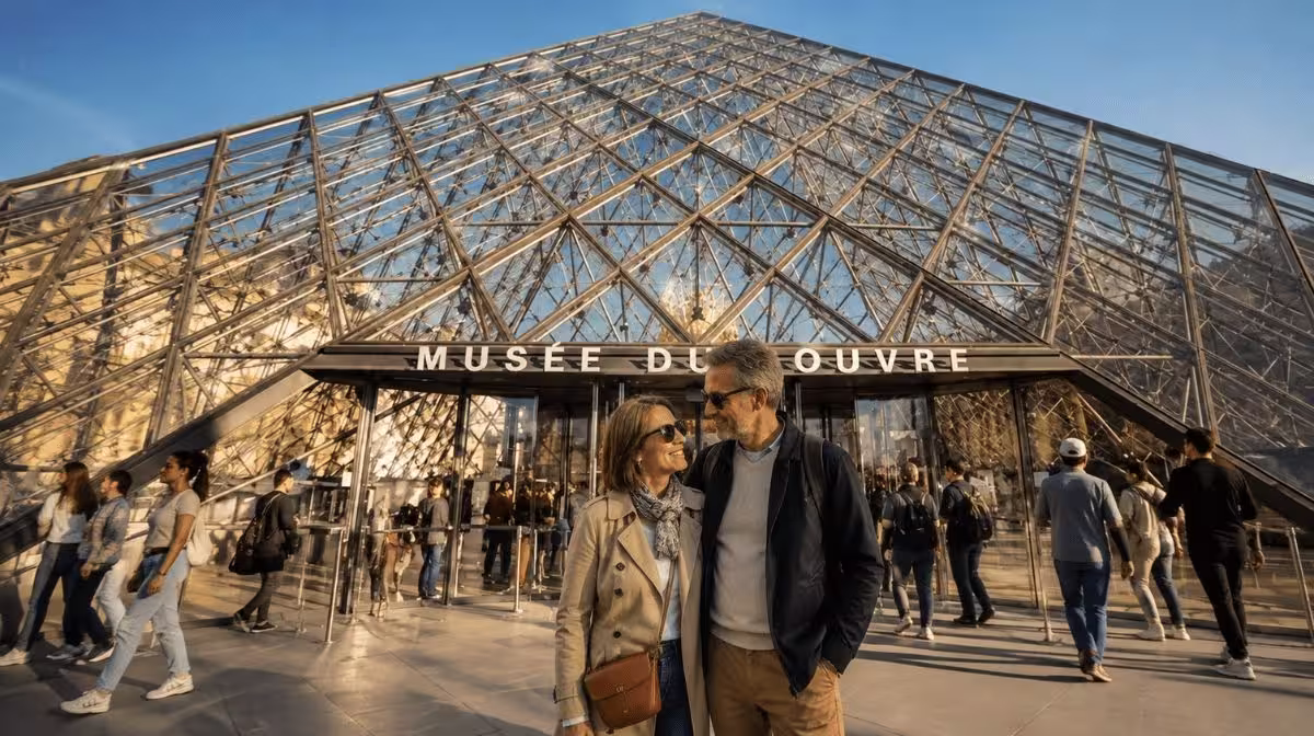 Couple standing in front of the Louvre Pyramid entrance
