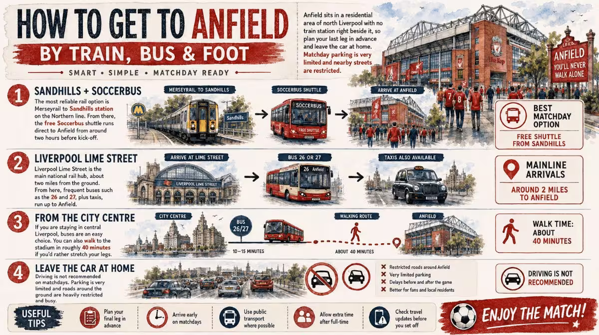 How to get to Anfield in Liverpool by train, Soccerbus shuttle and city-centre bus