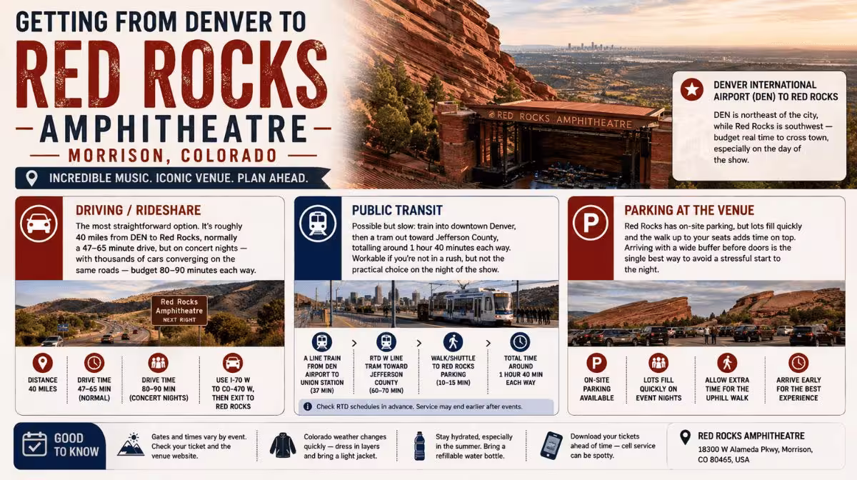 Infographic showing how to get from Denver to Red Rocks Amphitheatre