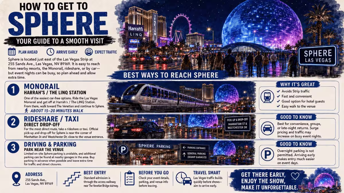 Infographic showing how to get to Sphere Las Vegas by monorail, rideshare and car