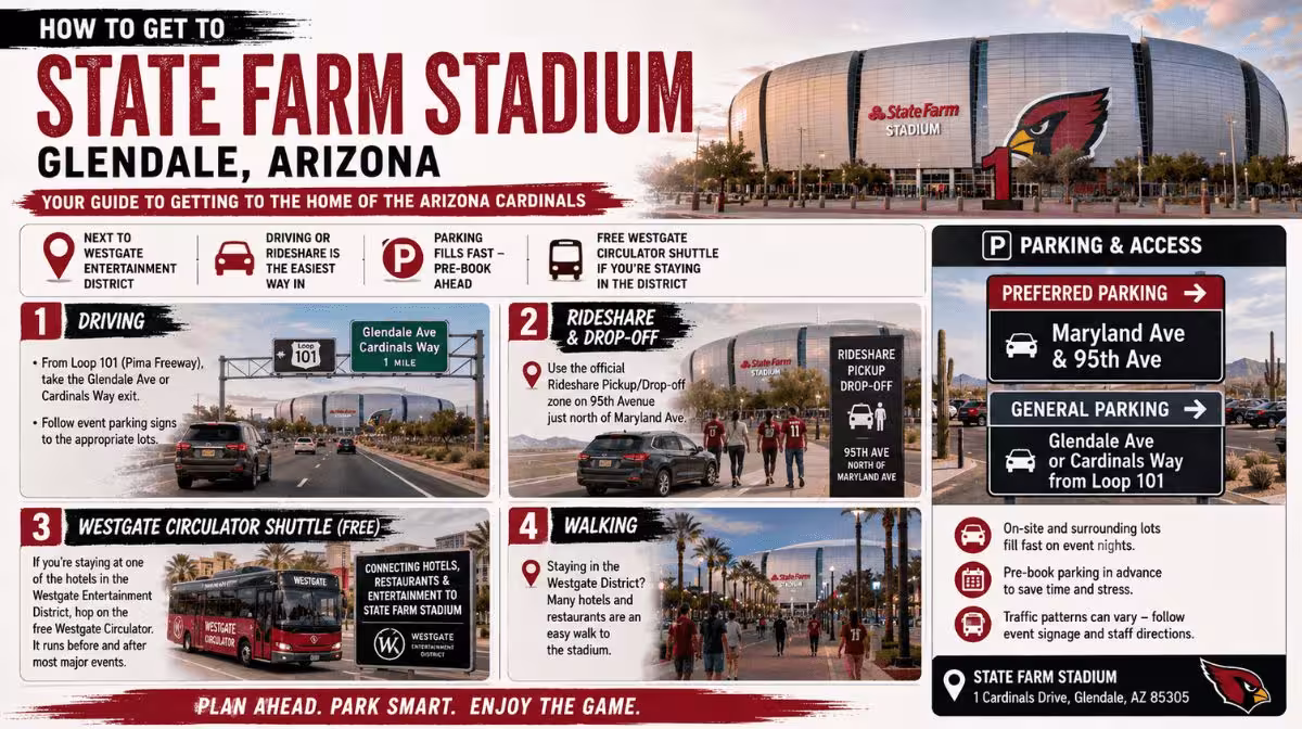 How to get to State Farm Stadium from downtown Phoenix and Glendale — rideshare, parking and the Westgate Circulator