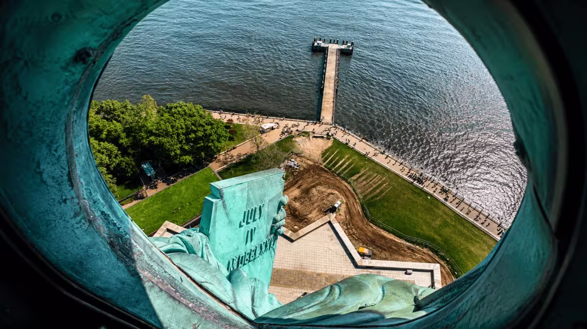 Inside the Statue of Liberty, looking up at the copper skin and internal framework