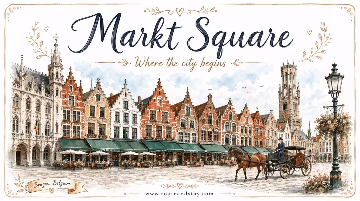 The Markt, Bruges's central market square, with the Belfry tower behind the guild houses