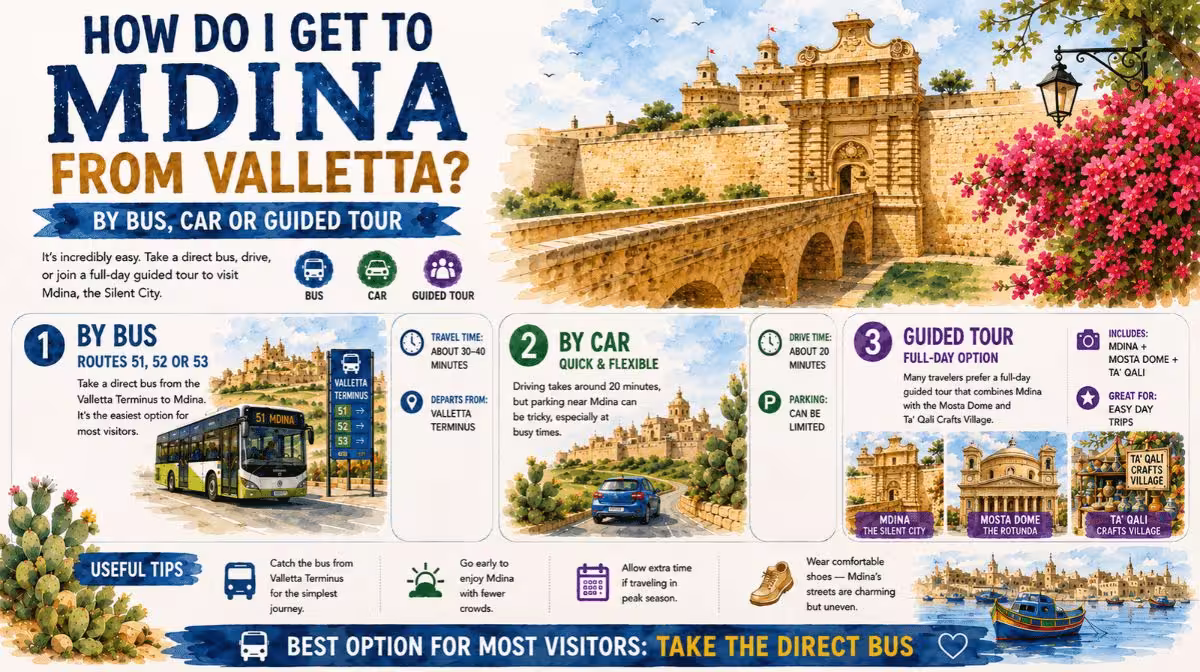Infographic showing how to get from Valletta to Mdina, Malta
