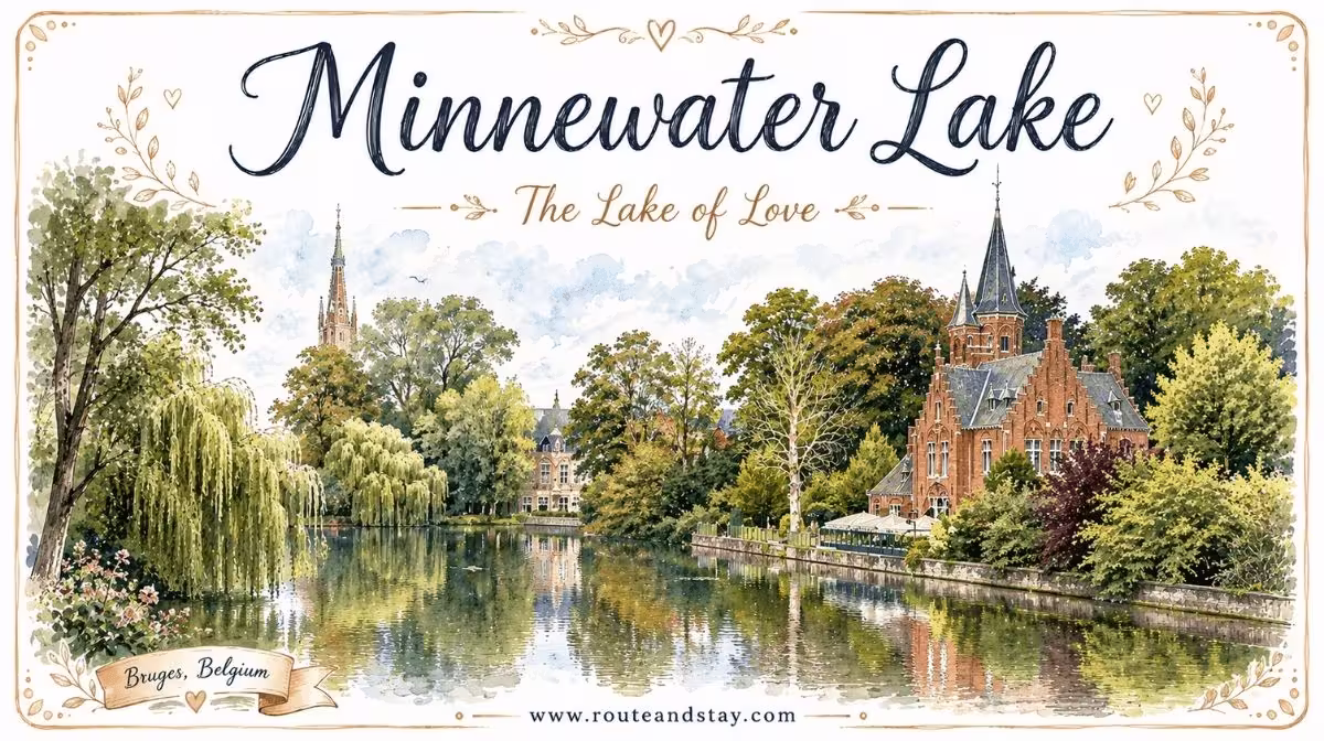 Minnewater Lake, the Lake of Love, with swans and a footbridge in Bruges, Belgium
