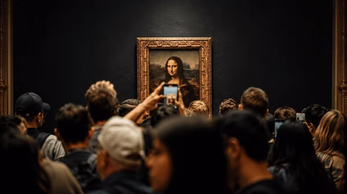 Visitors gathered looking at the framed Mona Lisa painting
