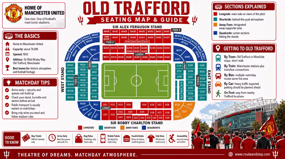 Old Trafford Manchester seating map showing Stretford End, Sir Alex Ferguson Stand, East Stand and South Stand