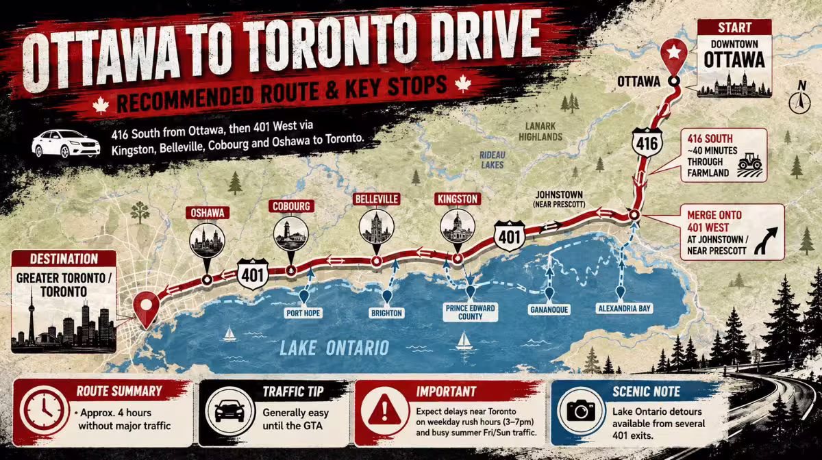 Map of the driving route from Ottawa to Toronto via Highway 416 and Highway 401