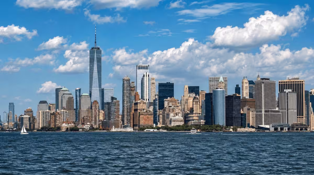 Manhattan skyline seen from the ferry crossing New York Harbor