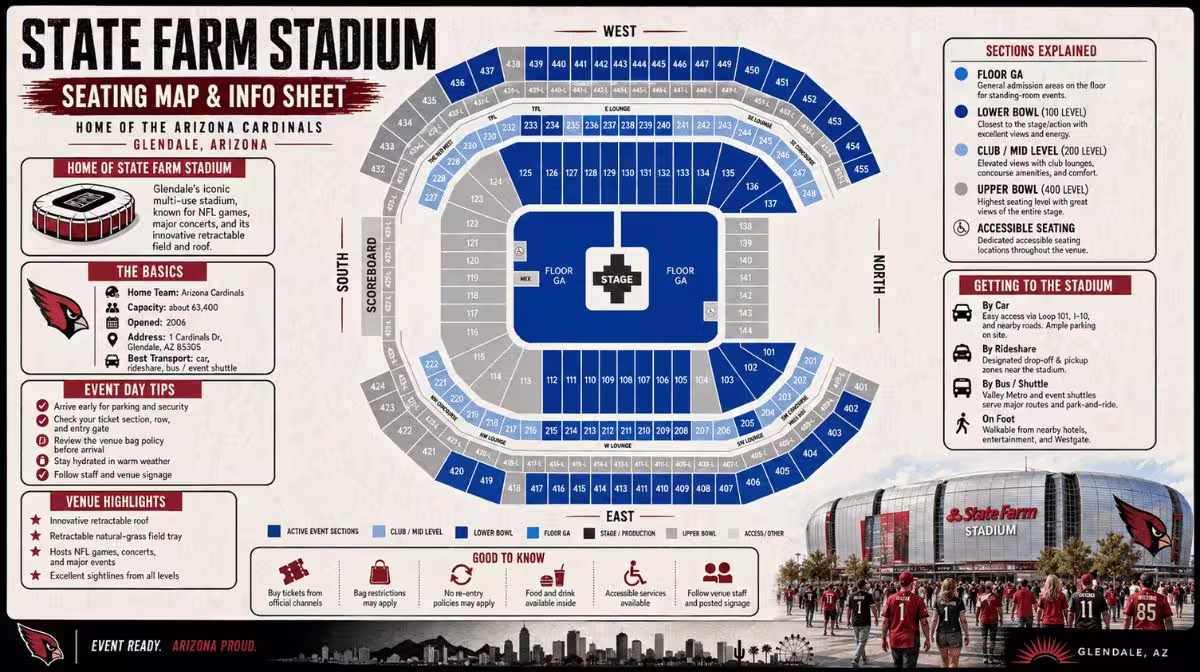 State Farm Stadium concert seating map — GA floor, lower bowl and upper level