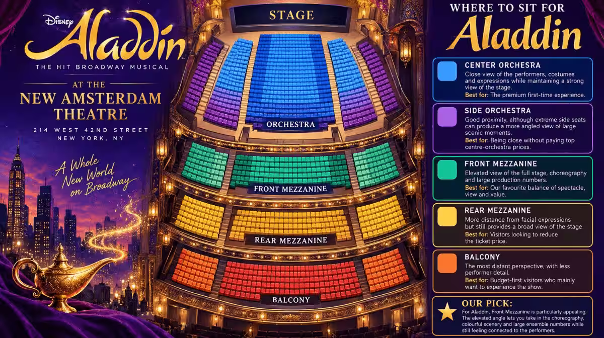 Where to sit for Aladdin at the New Amsterdam Theatre, including Orchestra, Mezzanine and Balcony sections