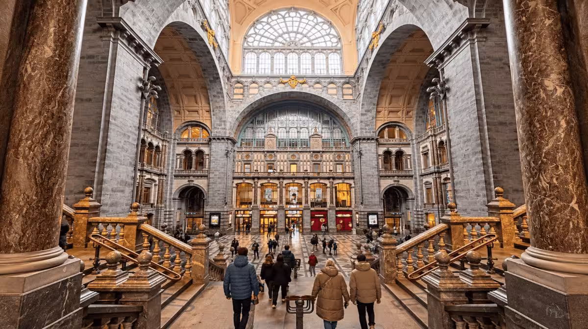 The domed entrance hall of Antwerp Central Station, the Railway Cathedral, Belgium