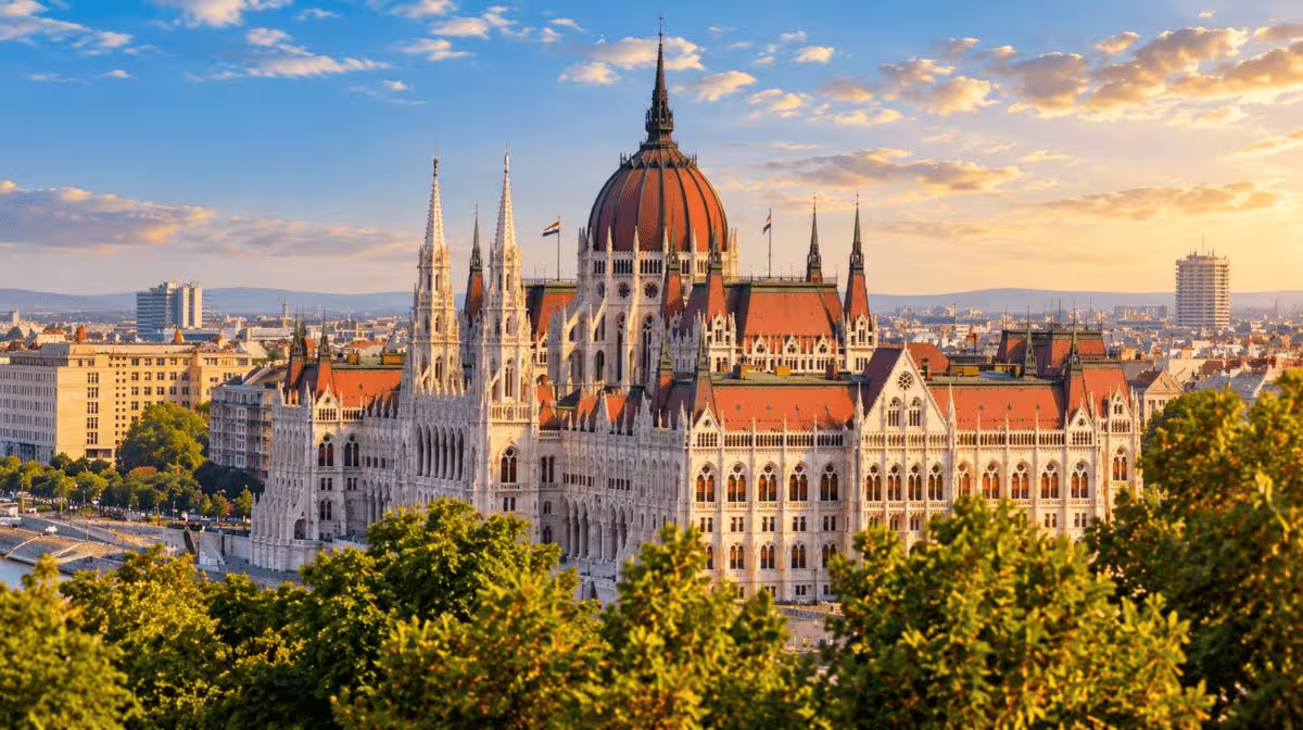 The neo-Gothic Hungarian Parliament Building on the Danube in Budapest