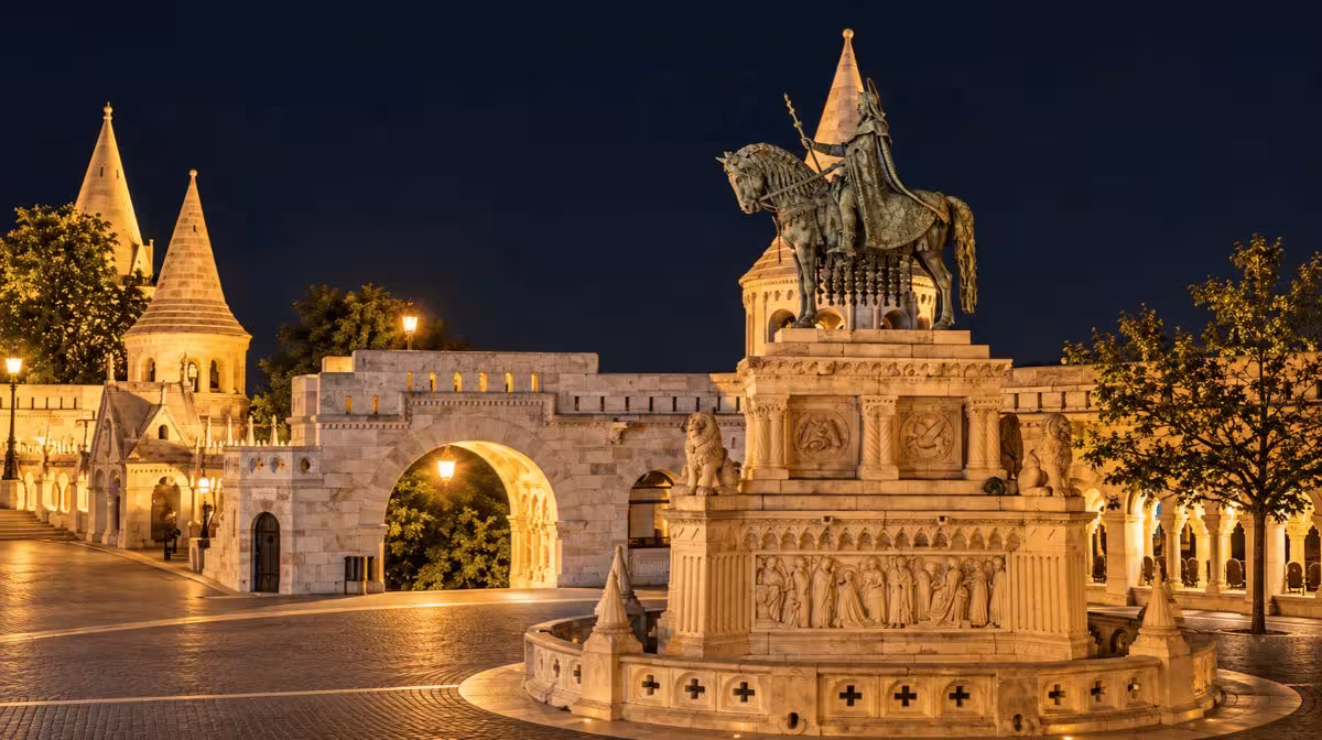 Buda Castle District in Budapest lit up at night