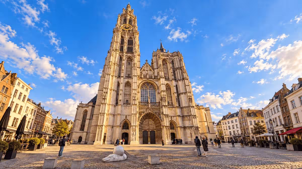 The Gothic tower of the Cathedral of Our Lady in Antwerp, Belgium