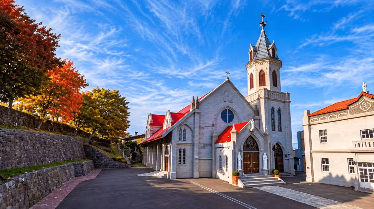 Motomachi Catholic Church's Gothic-style bell tower in Hakodate
