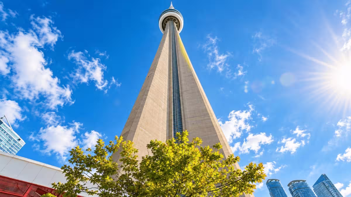 Looking straight up at the CN Tower from ground level