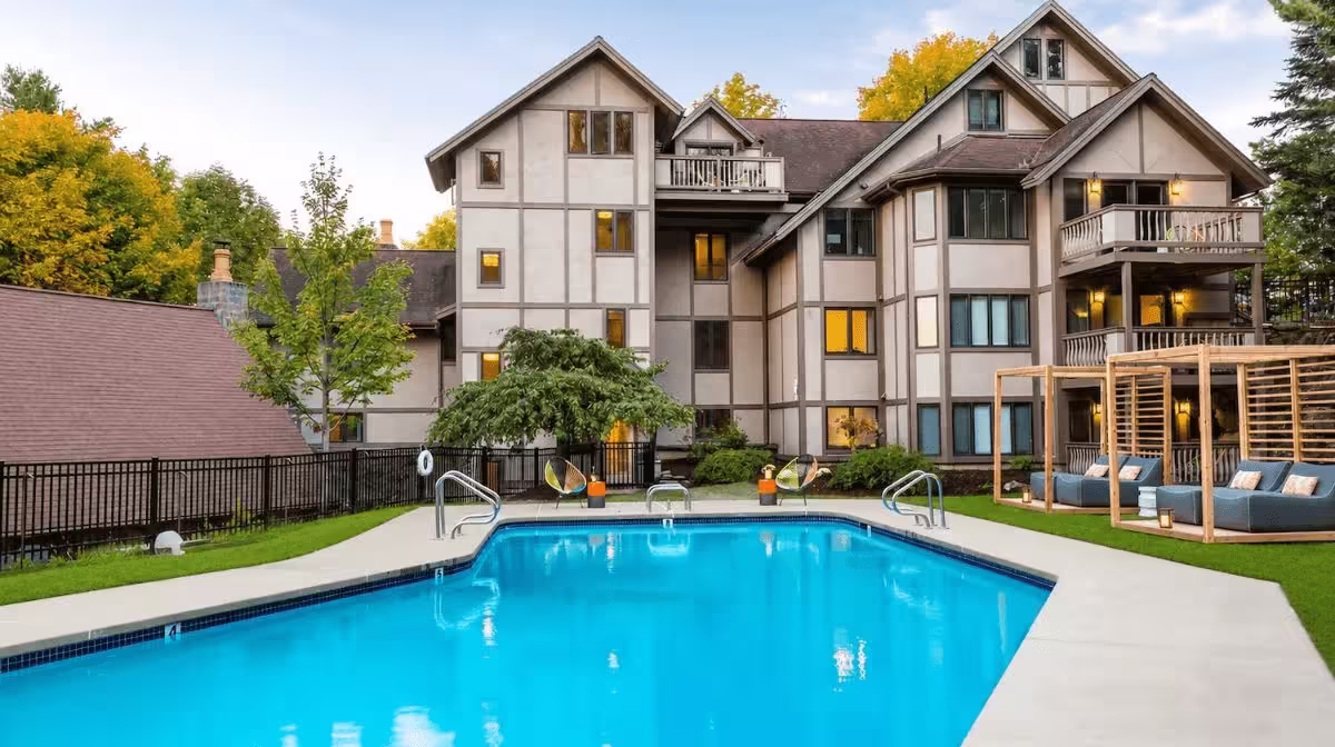 Field Guide Lodge modern lounge and pool area in Stowe, Vermont