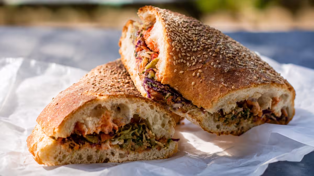Ftira, Maltese sourdough flatbread stuffed with tuna, tomatoes and olives