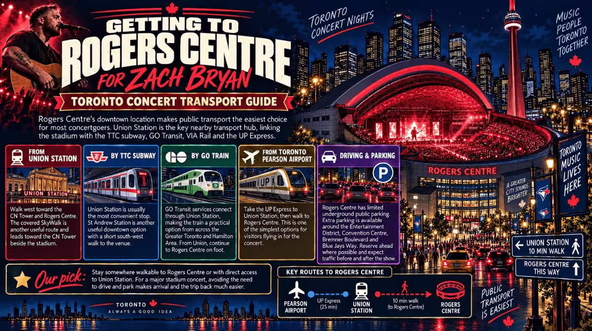 How to get to Rogers Centre Toronto for Zach Bryan by subway GO Train UP Express and walking