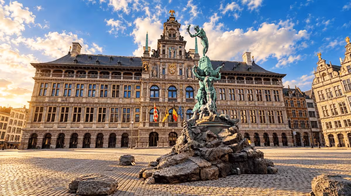 The Grote Markt and Brabo Fountain in front of Antwerp City Hall, Belgium