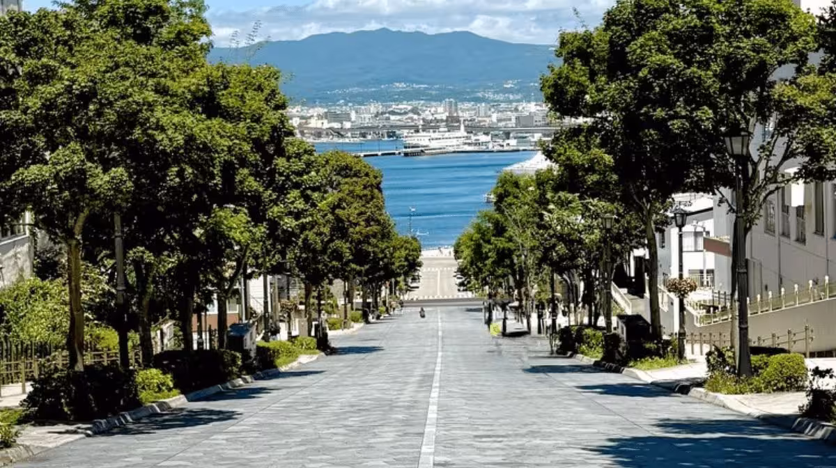 Hachimanzaka Hill's straight, tree-lined street running down toward Hakodate Bay