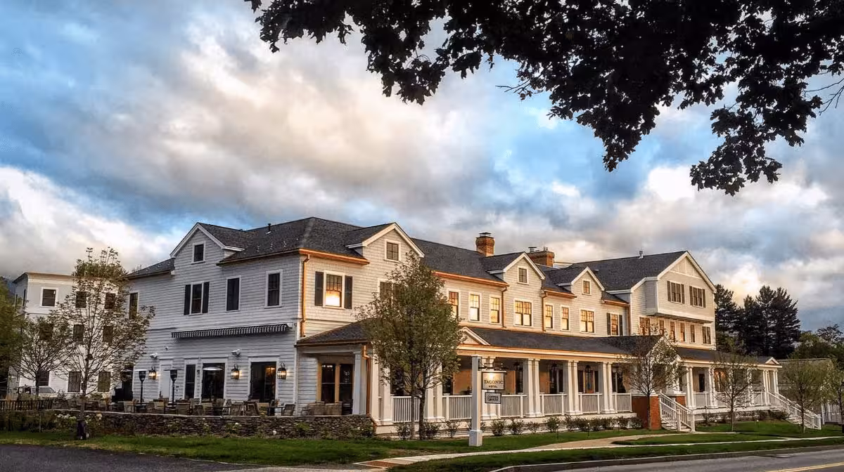 Kimpton Taconic Hotel porch and grounds in Manchester Village, Vermont
