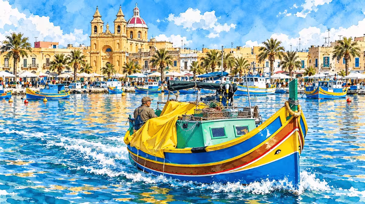 Colourful traditional luzzu fishing boats in Marsaxlokk harbour, Malta