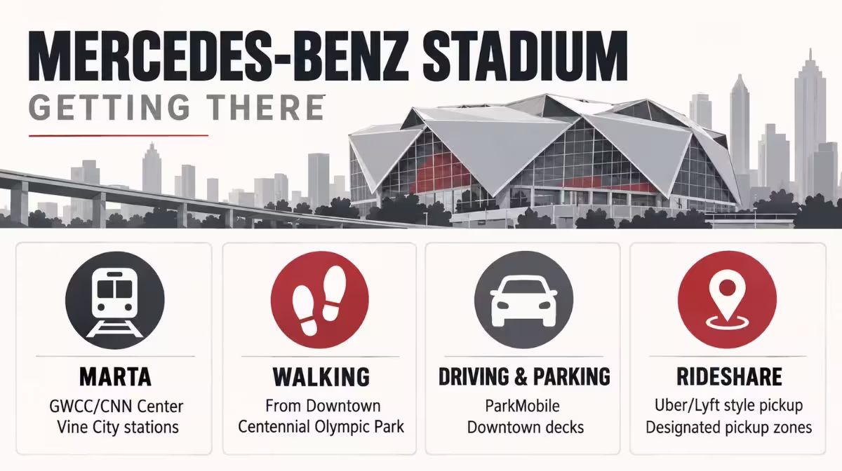 Infographic showing how to get to Mercedes-Benz Stadium Atlanta by MARTA, rideshare and car
