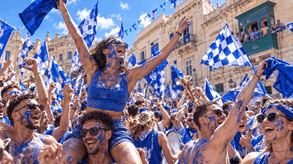 A St Joseph's Band Club ('Tal-Miskina') supporter during the Hamrun feast, Malta