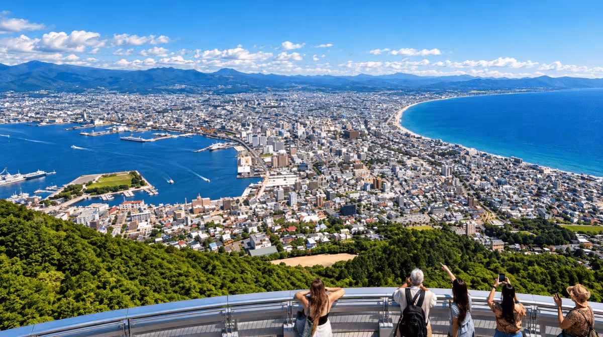 View from the Mount Hakodate Ropeway observation deck over the hourglass-shaped city and bay