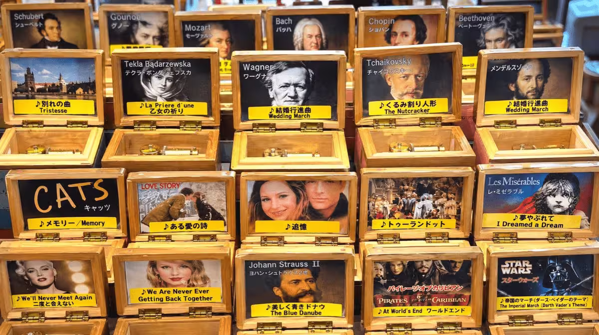 Rows of music boxes on display inside the Otaru Music Box Museum