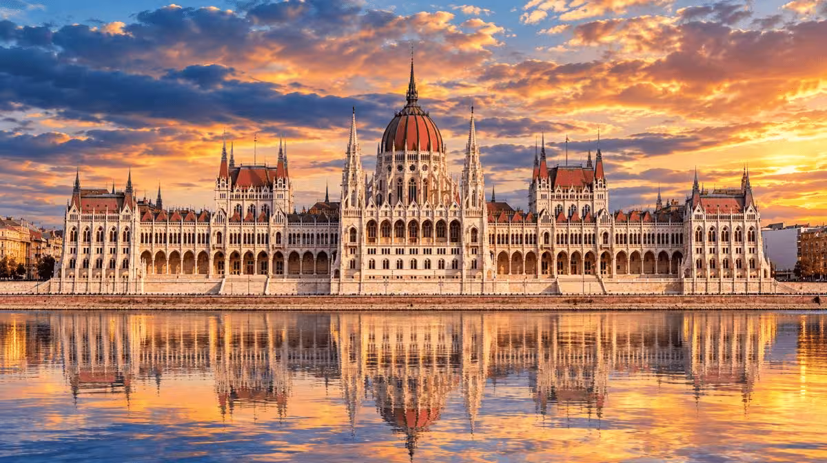 The Hungarian Parliament Building seen across the Danube from the Buda side