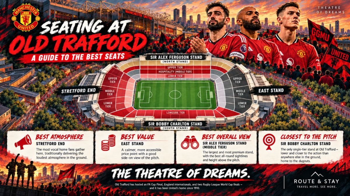 Old Trafford seating map - Manchester United sections, Sir Alex Ferguson Stand, Sir Bobby Charlton Stand, Stretford End, East Stand