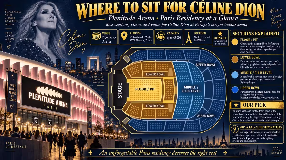Illustrative seating guide for Céline Dion at Plenitude Arena showing floor, lower bowl, middle level and upper bowl areas