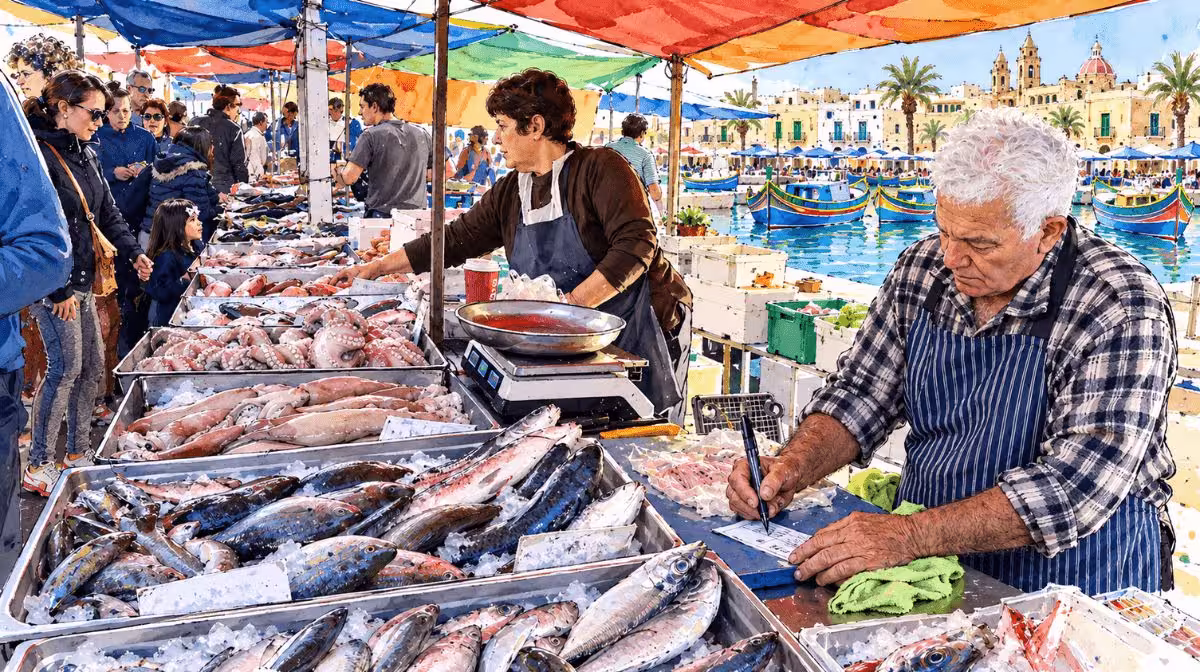 Sunday market stalls along the Marsaxlokk waterfront in Malta
