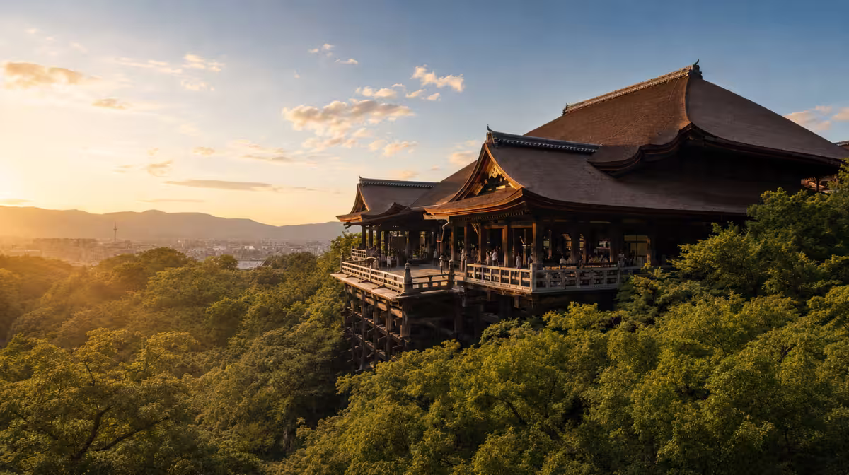 Kiyomizu-dera Temple's wooden terrace overlooking Kyoto