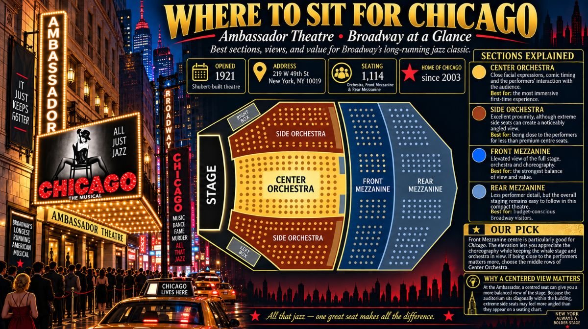 Where to sit for Chicago at the Ambassador Theatre, including Orchestra and Mezzanine sections
