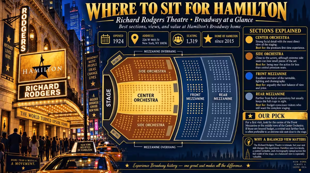 Where to sit for Hamilton at the Richard Rodgers Theatre, including Orchestra and Mezzanine sections