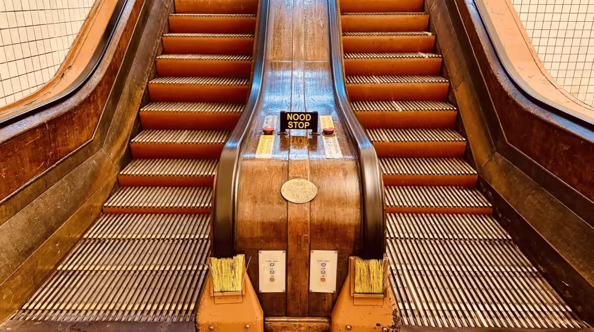 The original wooden escalators of the Sint-Anna pedestrian tunnel in Antwerp, Belgium